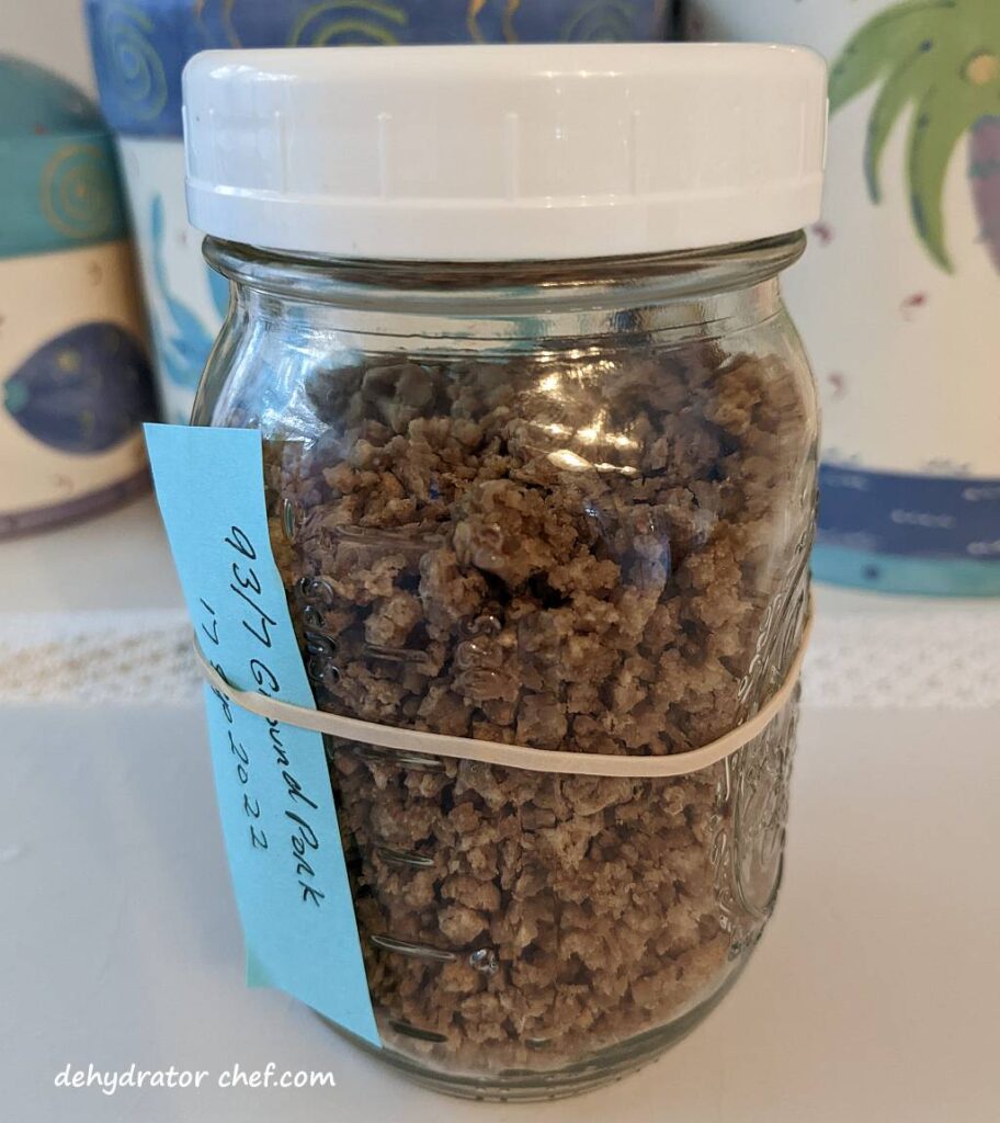 conditioning dehydrated ground pork in a mason jar with a tight-fitting lid