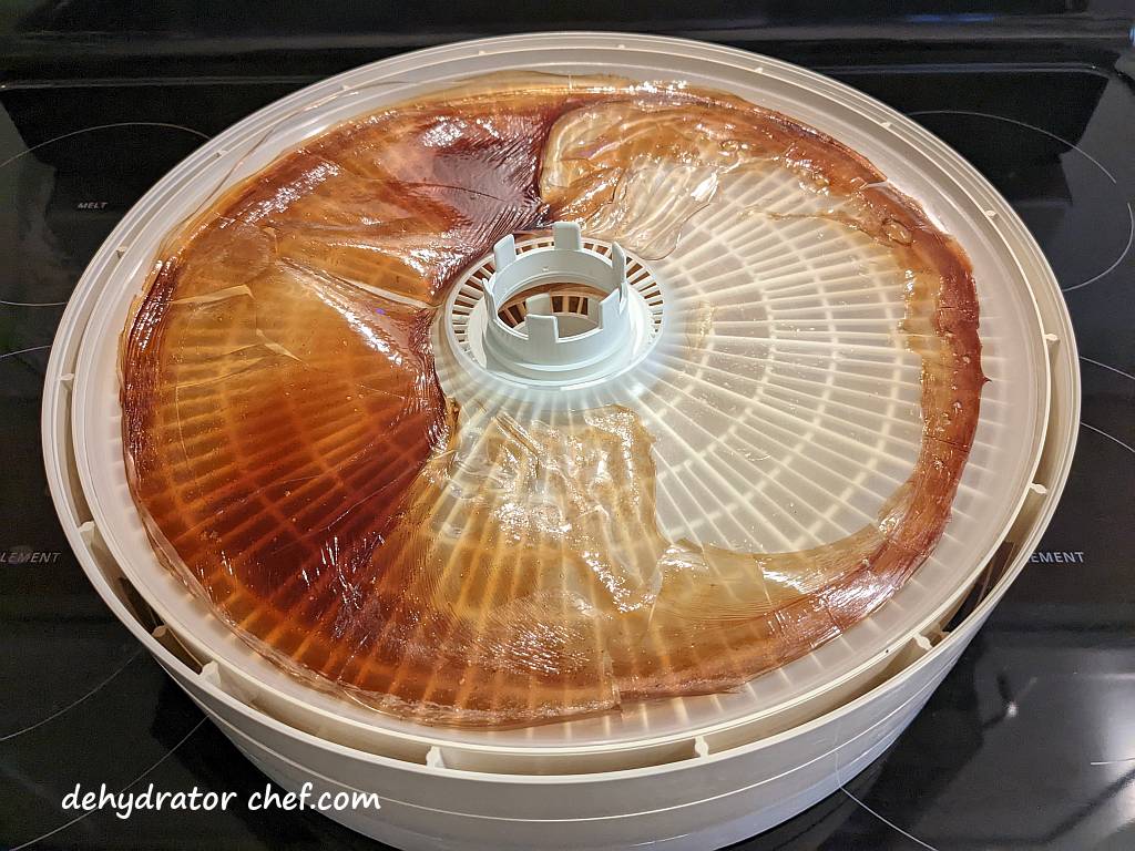 dehydrated beef stock on a dehydrator tray