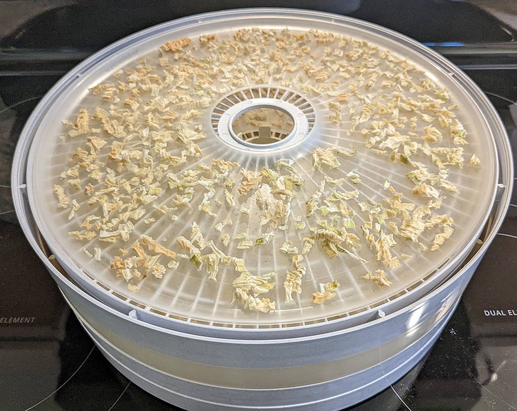 dehydrated onions on the dehydrator tray | dehydrating onions | drying onions  | best foods to dehydrate for long term storage | dehydrating food for long term storage | dehydrated food recipes for long term storage | dehydrating meals for long term storage | food dehydrator for long term storage