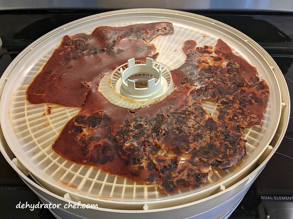 dried chipotle peppers in adobo sauce on a food dehydrator tray, now we're ready to move to step 5, equalizing and conditioning