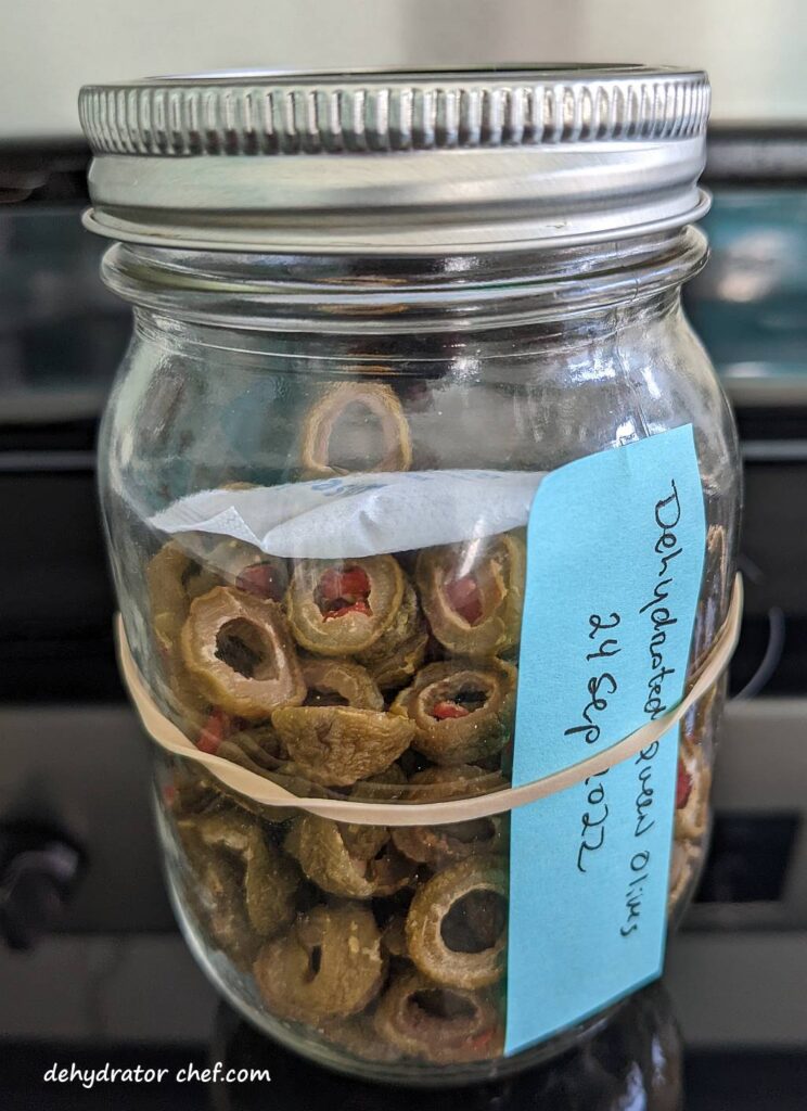 jar of dehydrated olives with desiccant packet