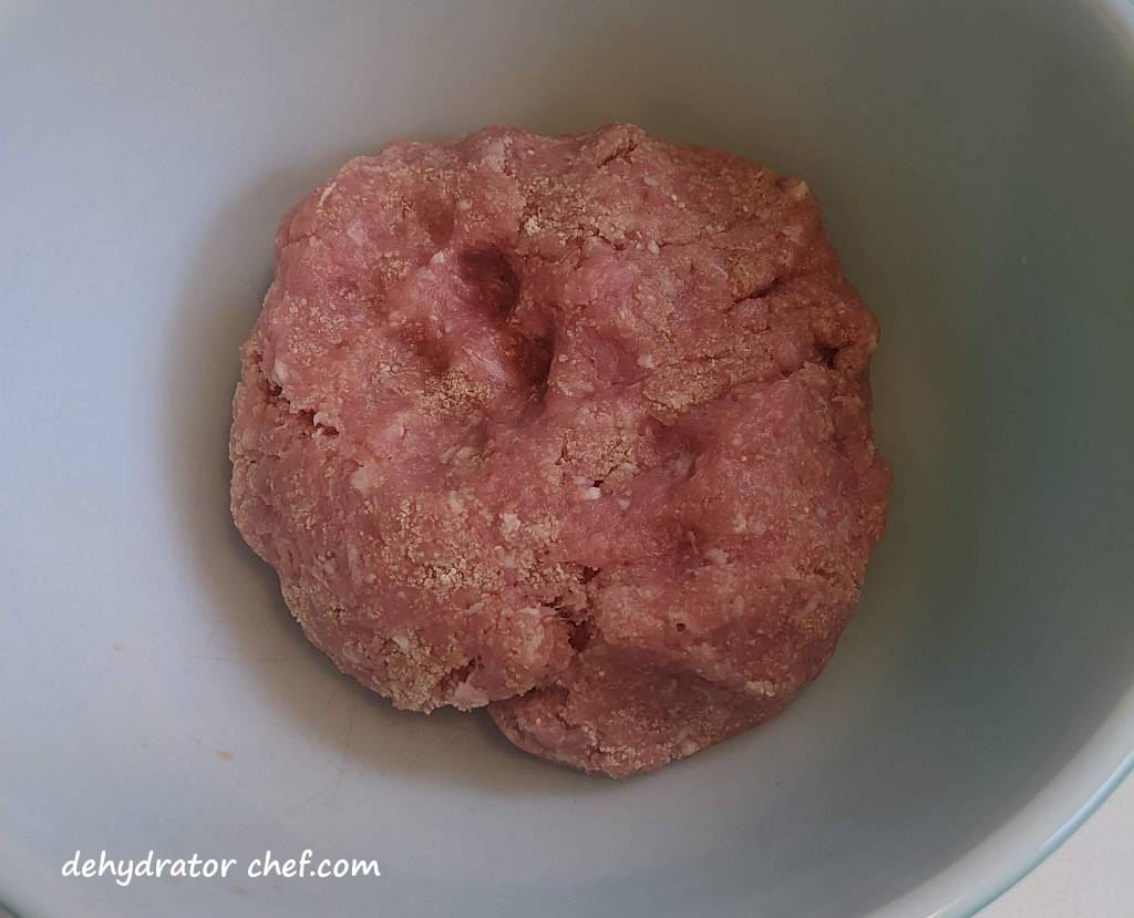 mixing bowl with a ground pork meatball we will use for the dehydrating ground pork project