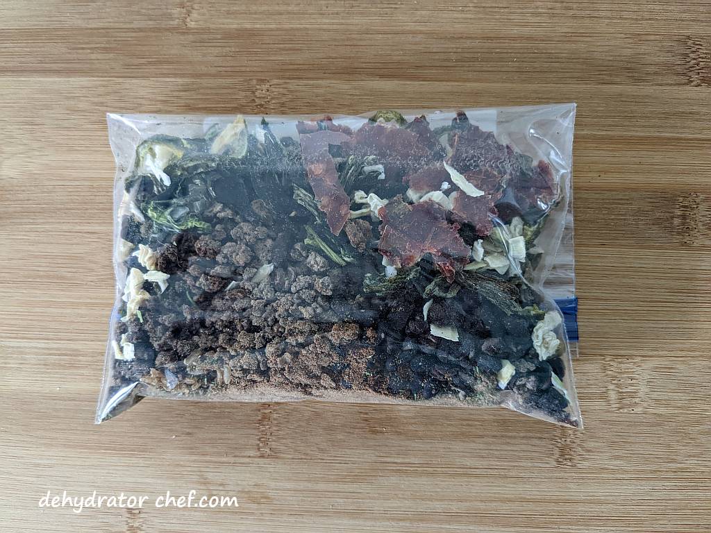 Mexican beef and rice dehydrated ingredients in a 1-quart zip-top bag | dehydrated Mexican beef and rice | making dehydrated meals for camping | homemade dehydrated meal recipes | how to make dehydrated camping food | homemade dehydrated camping meals | homemade dehydrated backpacking meals.