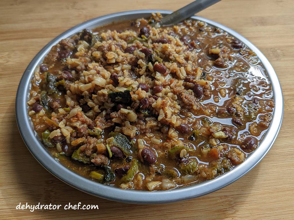 plate of Mexican beef and rice made with all dehydrated ingredients | dehydrated Mexican beef and rice | making dehydrated meals for camping | homemade dehydrated meal recipes | how to make dehydrated camping food | homemade dehydrated camping meals | homemade dehydrated backpacking meals.