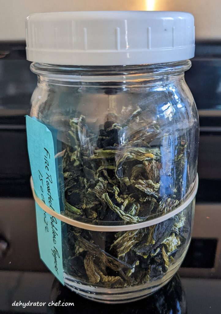 conditioning dehydrated poblano peppers in a canning jar