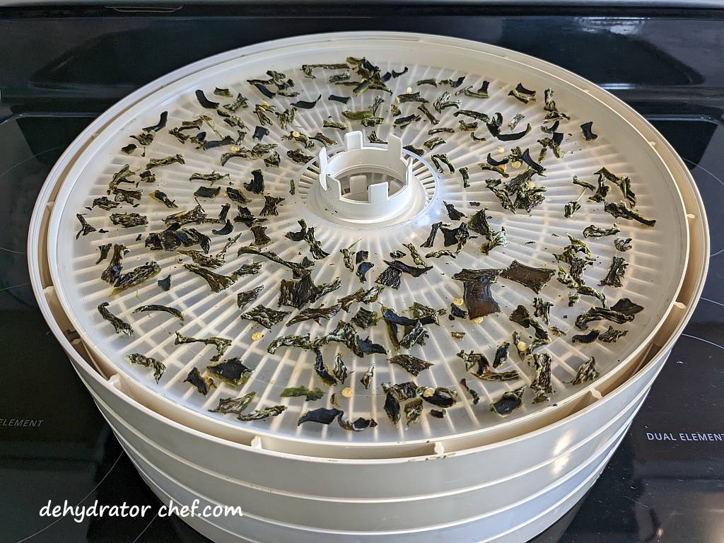 dehydrated poblano peppers on a dehydrator tray