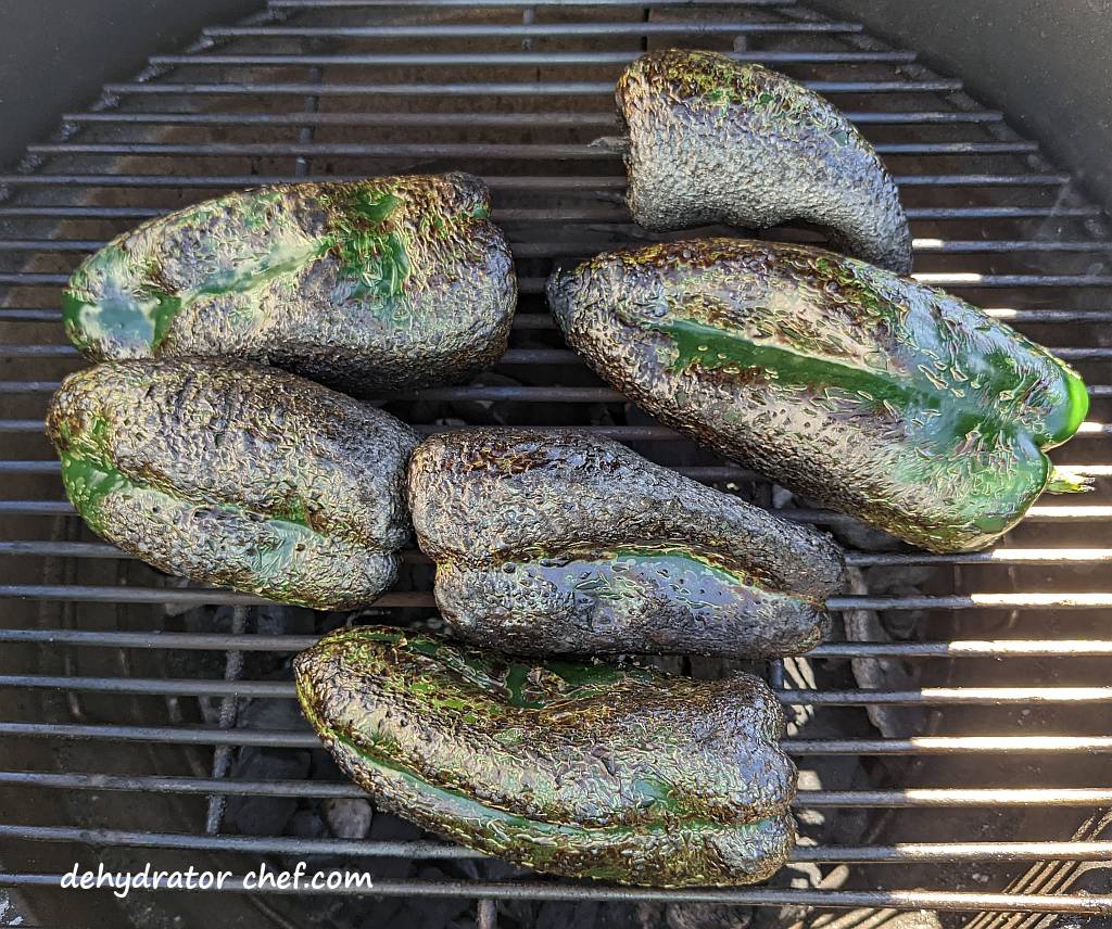 fire roasting poblano peppers on the grill grate | dehydrate poblano peppers