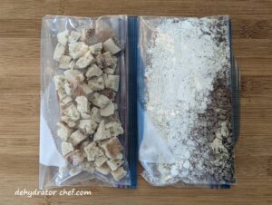 homemade dehydrated backpacking meals - dehydrated biscuits and gravy ingredients in two zip-top bags, the biscuit bag on the left and the gravy mix bag on the right | dehydrated camping food recipes, recipes using dehydrated food | make your own dehydrated meals