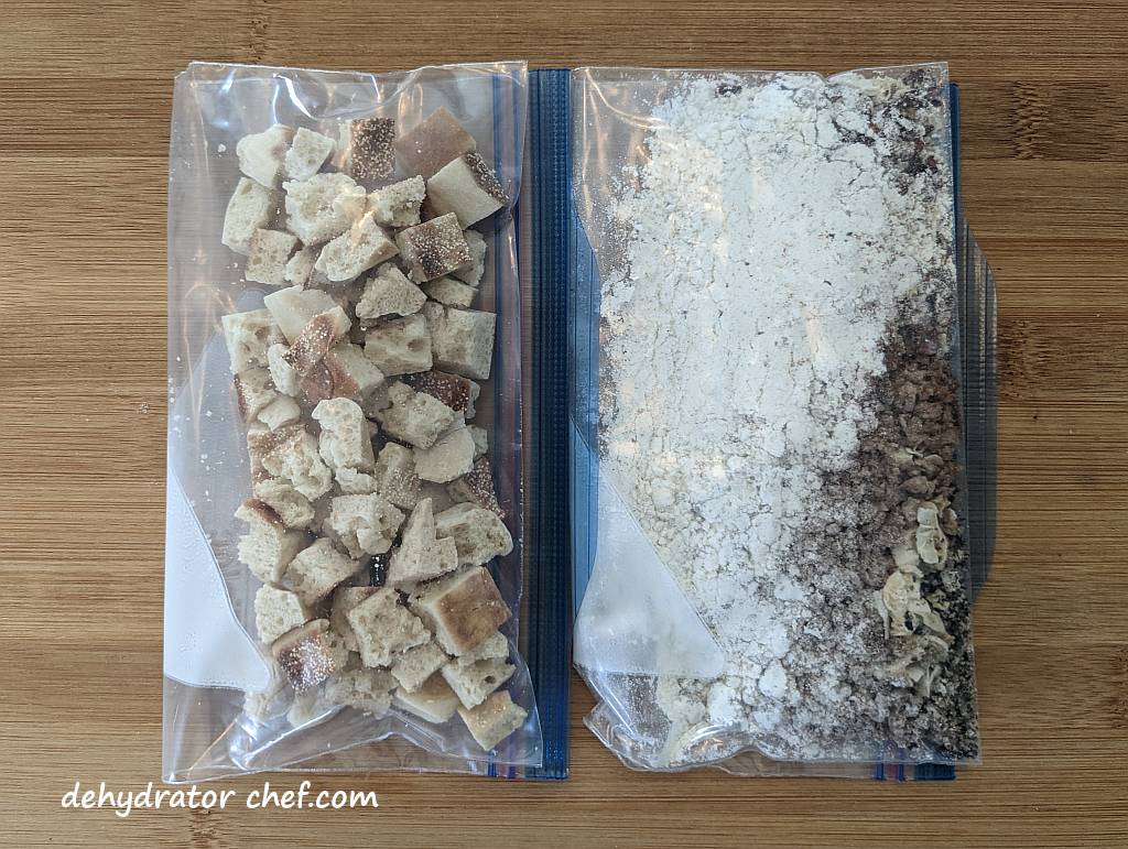 homemade dehydrated backpacking meals - dehydrated biscuits and gravy ingredients in two zip-top bags, the biscuit bag on the left and the gravy mix bag on the right | making dehydrated meals for camping | homemade dehydrated meal recipes | make your own dehydrated camping food | homemade dehydrated camping meals | homemade dehydrated backpacking meals