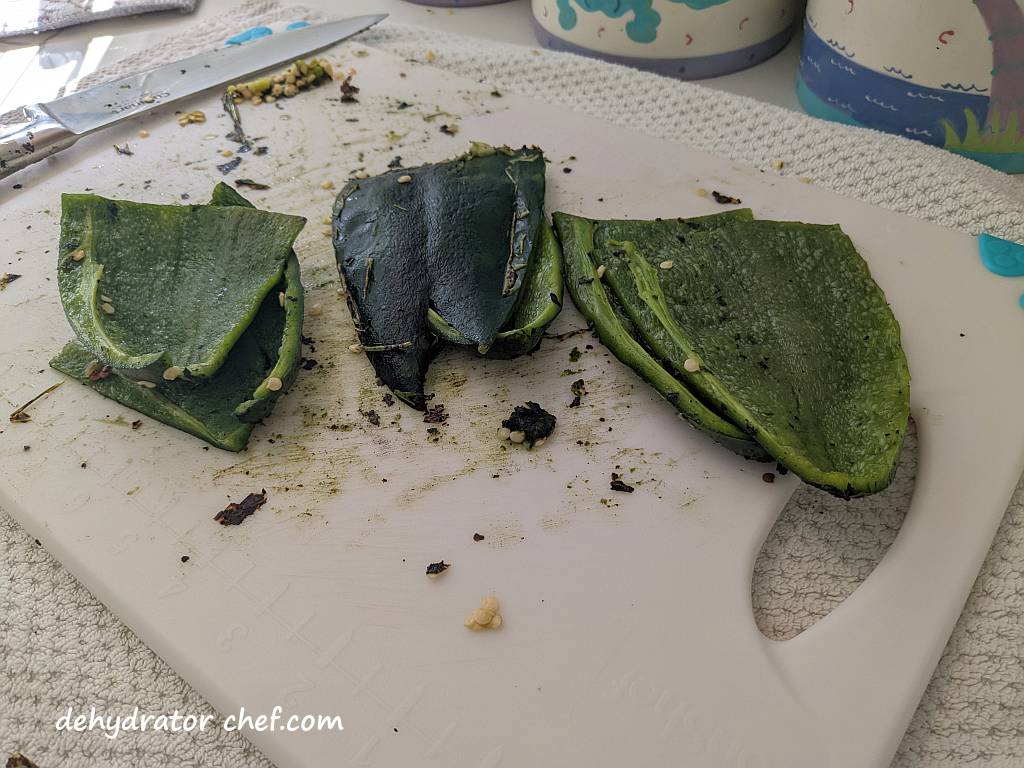 preparing the fire roasted poblano peppers for the dehydrator | dehydrate poblano peppers