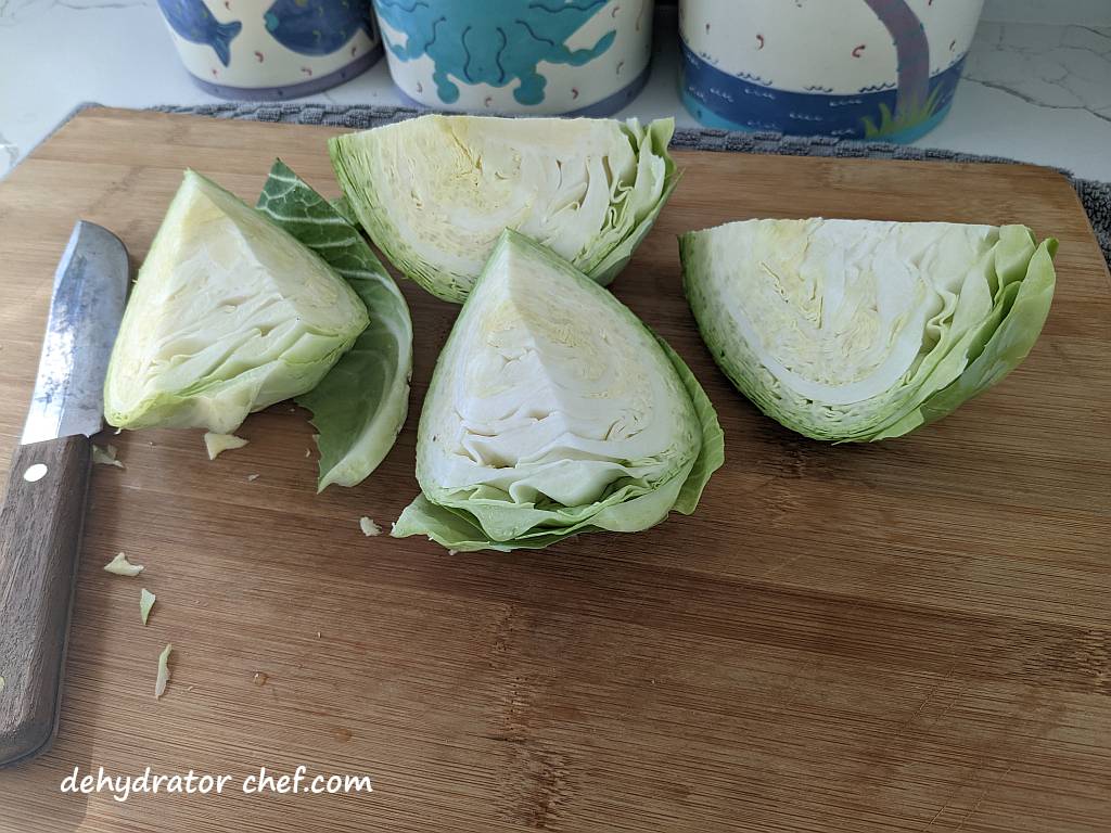 cored and quartered green cabbage
