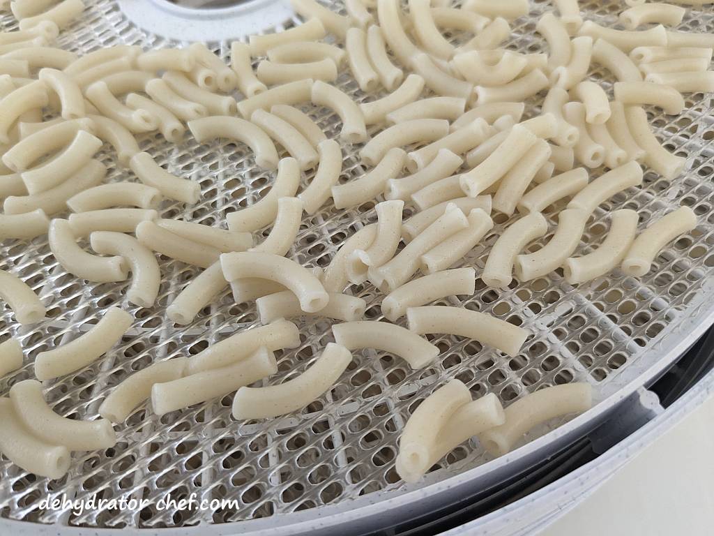 closeup of the cooked macaroni on a dehydrator tray | | best foods to dehydrate for long term storage | dehydrating food for long term storage | dehydrated food recipes for long term storage | dehydrating meals for long term storage | food dehydrator for long term storage