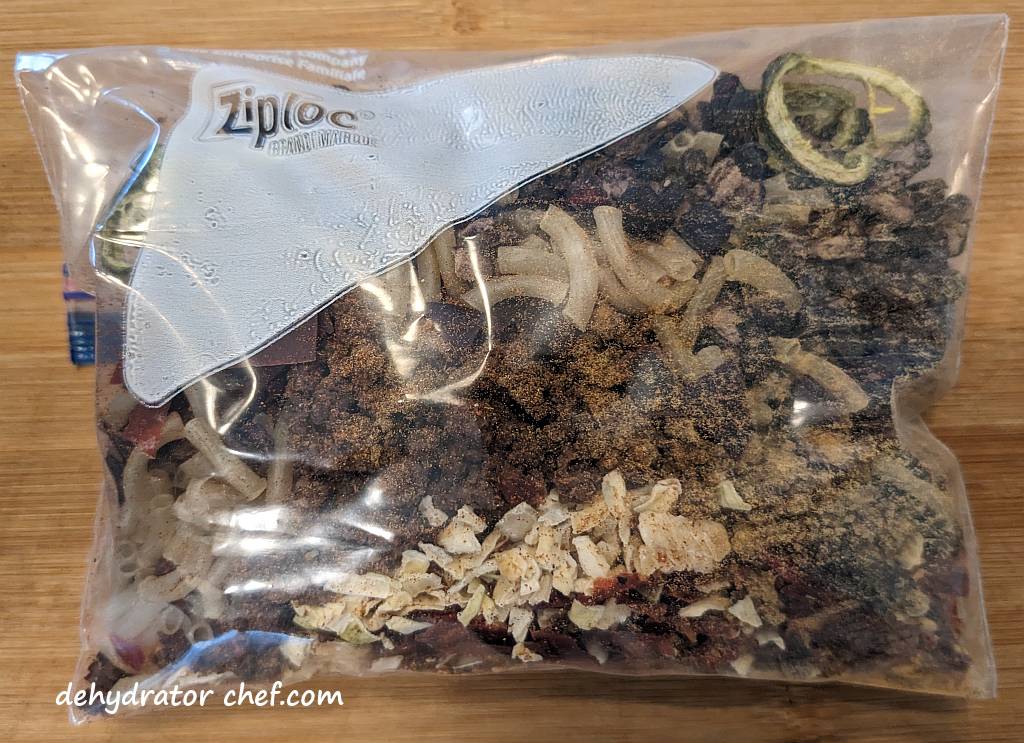 dehydrated chili mac ingredients in a zip-top bag | best foods to dehydrate for long term storage | dehydrating food for long term storage | dehydrated food recipes for long term storage | dehydrating meals for long term storage | food dehydrator for long term storage