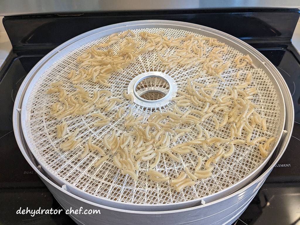 dehydrated macaroni on a dehydrator tray | dehydrated macaroni on a dehydrator tray