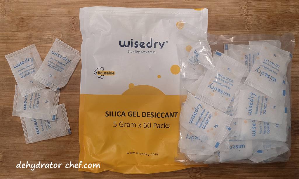 These food-safe 5-gram desiccant packets will help control moisture and humidity.  We want our dehydrated enchilada sauce to have a long shelf life. Use one packet for a pint, quart, or half-gallon size canning jar with a tight-fitting lid.  They come sealed in a heavy-duty reusable zip-top bag to protect the desiccant packs from moisture before use.  The orange indicators will turn dark green when they need to be recharged or replaced.  They can be easily recharged either in a microwave or oven.