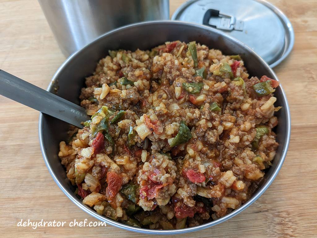 big bowl full of unstuffed peppers | dehydrated unstuffed peppers | making dehydrated meals for camping | homemade dehydrated meal recipes | make your own dehydrated camping food | homemade dehydrated camping meals | homemade dehydrated backpacking meals