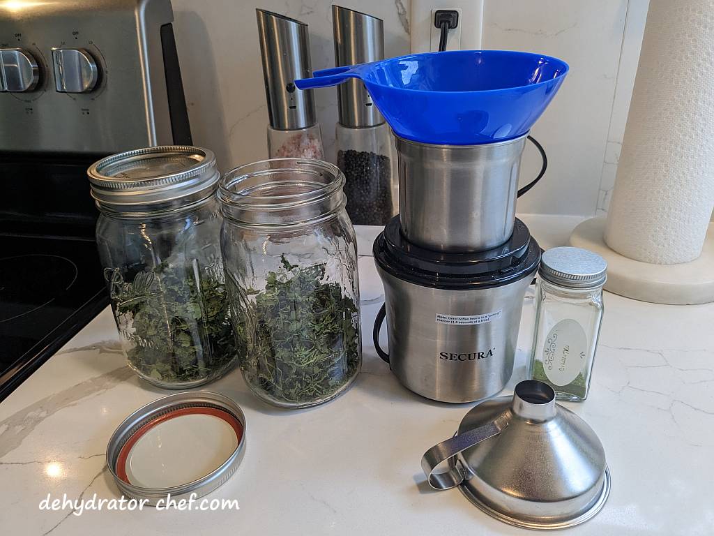 using a spice grinder on dehydrated cilantro | dehydrating cilantro | how to dehydrate cilantro | best foods to dehydrate for long term storage | dehydrating food for long term storage | dehydrated food recipes for long term storage | dehydrating meals for long term storage | food dehydrator for long term storage