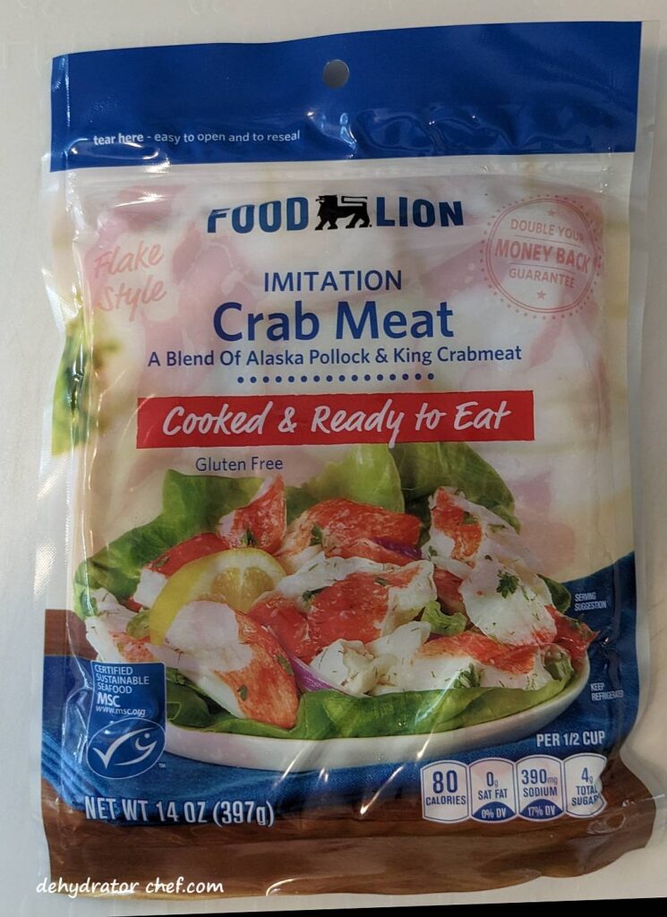 A 14-ounce package of imitation crab meat for today's dehydrator project. | dehydrated imitation crab meat | dehydrating imitation crab meat | how to dehydrate imitation crab meat | best foods to dehydrate for long term storage | dehydrating food for long term storage | dehydrated food recipes for long term storage | dehydrating meals for long term storage | food dehydrator for long term storage | making dehydrated meals for camping | homemade dehydrated meal recipes | make your own dehydrated camping food | homemade dehydrated camping meals | homemade dehydrated backpacking meals