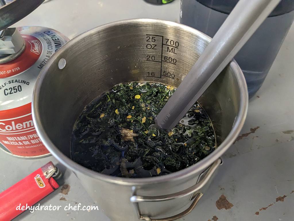 Shown is our cooking pot with the added dehydrated beef curry dry mix. We added just enough water to cover the dry mix ingredients and gave everything a good stir for a thorough mix.  We'll let it hydrate for at least five minutes, stirring it all every minute or so. | Dehydrated beef curry. | Making dehydrated meals for camping. | Homemade dehydrated meal recipes. | How to  make your own dehydrated camping food. | Homemade dehydrated camping meals. | Homemade dehydrated backpacking meals.