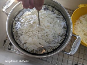 plunging the mostly cooked hash browns into an ice bath | dehydrating frozen hash browns | dehydrating hash browns | dehydrated frozen hash browns | dehydrated hash browns | best foods to dehydrate for long term storage | dehydrating food for long term storage | dehydrated food recipes for long term storage | dehydrating meals for long term storage | food dehydrator for long term storage