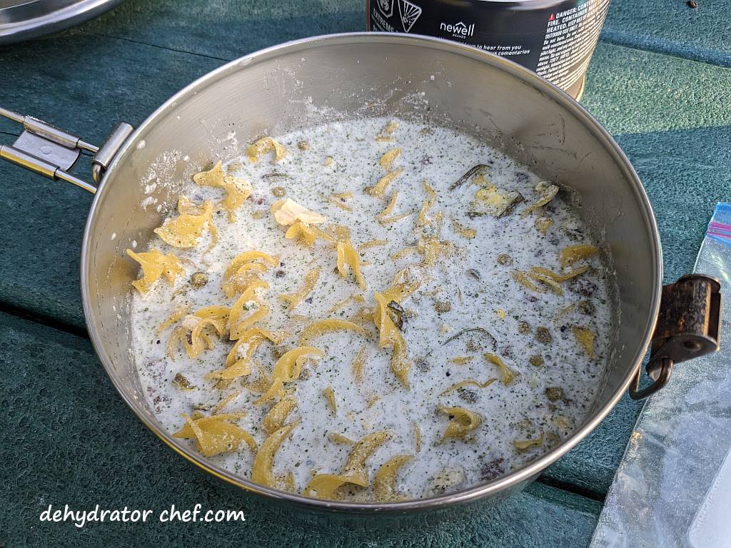 adding water to dehydrated beef stroganoff | dehydrated beef stroganoff | making dehydrated meals for camping | homemade dehydrated meal recipes | make your own dehydrated camping food | homemade dehydrated camping meals | homemade dehydrated backpacking meals