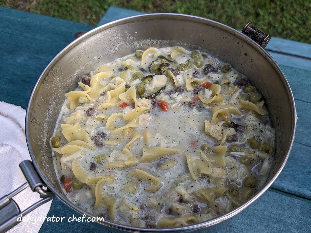 dehydrated beef stroganoff after simmering for 2 minutes | dehydrated beef stroganoff | making dehydrated meals for camping | homemade dehydrated meal recipes | make your own dehydrated camping food | homemade dehydrated camping meals | homemade dehydrated backpacking meals