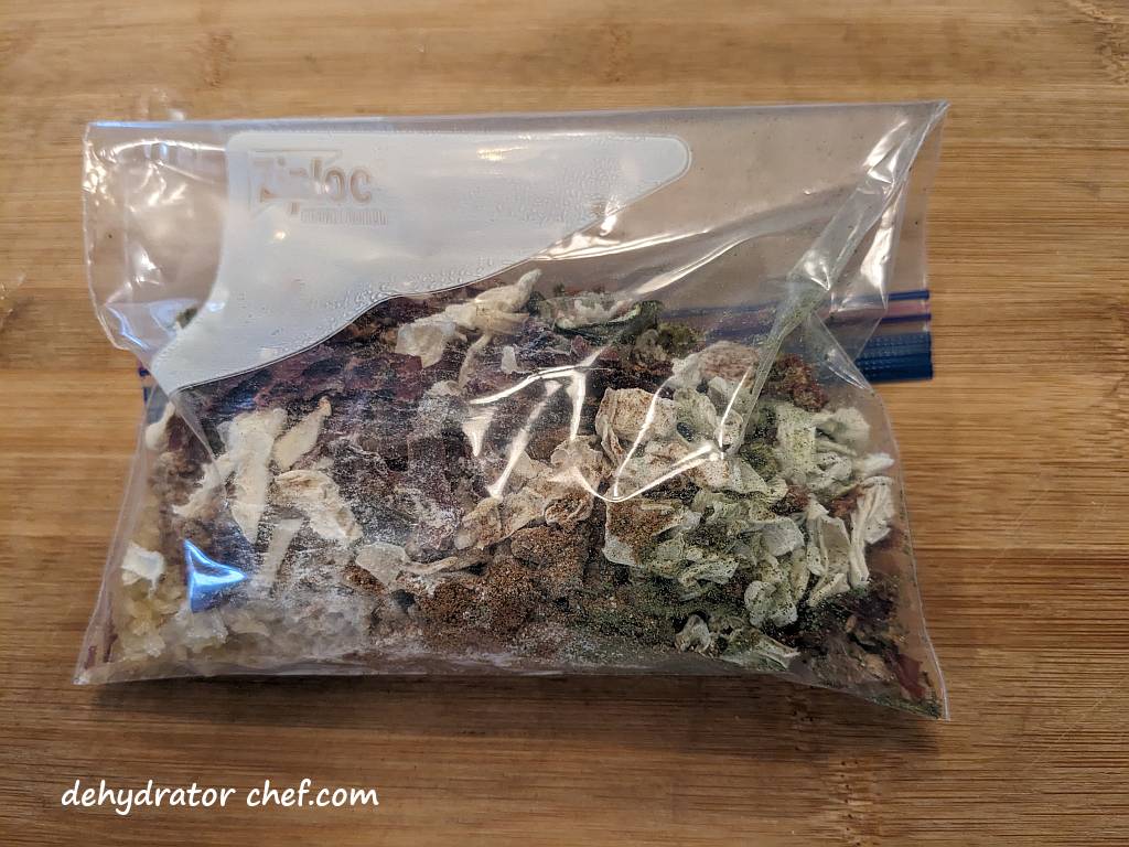 Our dehydrated pork tacos with homemade Mexican rice camping meal packet is ready to go. We have enough dehydrated ingredients to make one or two more servings.