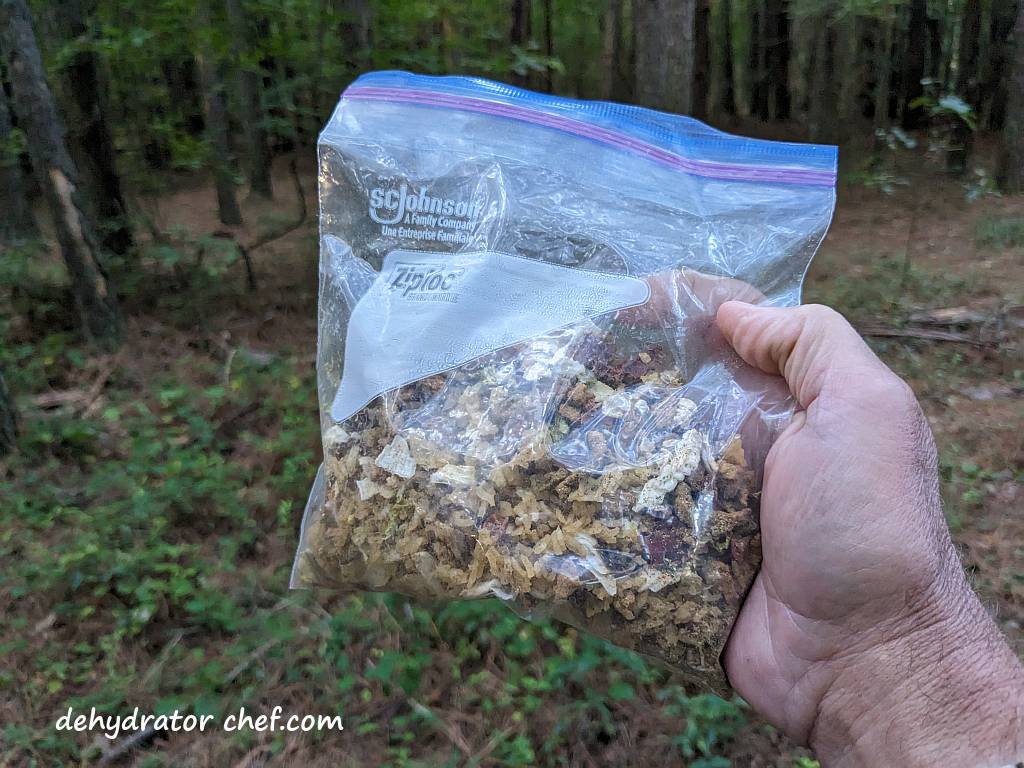 On the way to the shelter, these dehydrated pork tacos with Mexican rice are going to be good. I’m looking forward to it. Dehydrated meals like this one are popular among campers, hikers, and backpackers due to their convenience and ease of preparation. This one can be rehydrated in the field or at the campsite in 30 minutes using a single-burner camp stove, offering a tasty option for some good outdoor eats.