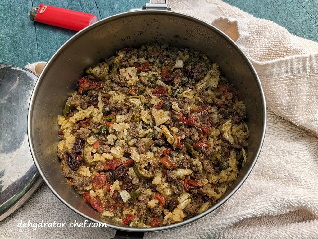 picadillo after reconstituting for 20 minutes | dehydrated picadillo | making dehydrated meals for camping | homemade dehydrated meal recipes | make your own dehydrated camping food | homemade dehydrated camping meals | homemade dehydrated backpacking meals