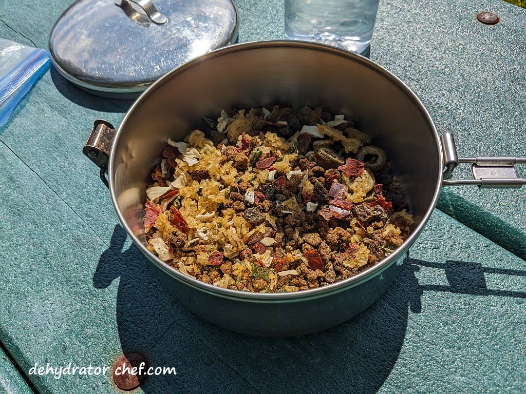 picadillo dry mix contents in a cooking pot | dehydrated picadillo | making dehydrated meals for camping | homemade dehydrated meal recipes | make your own dehydrated camping food | homemade dehydrated camping meals | homemade dehydrated backpacking meals