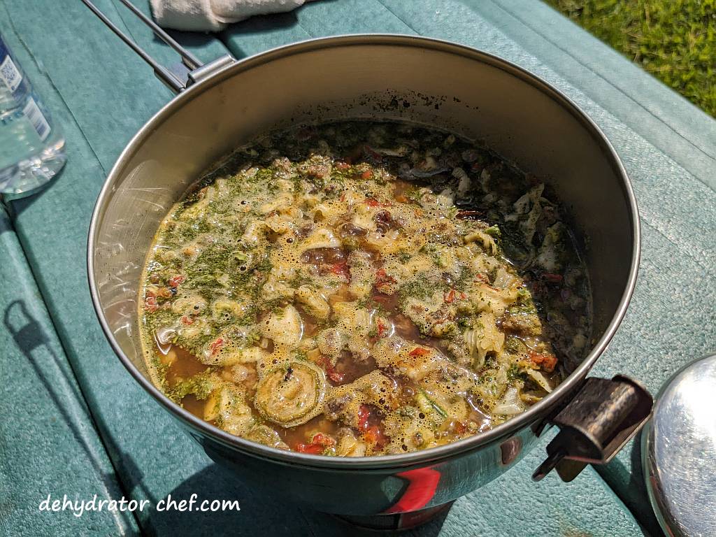 picadillo has been turned down to a simmer | dehydrated picadillo | making dehydrated meals for camping | homemade dehydrated meal recipes | make your own dehydrated camping food | homemade dehydrated camping meals | homemade dehydrated backpacking meals