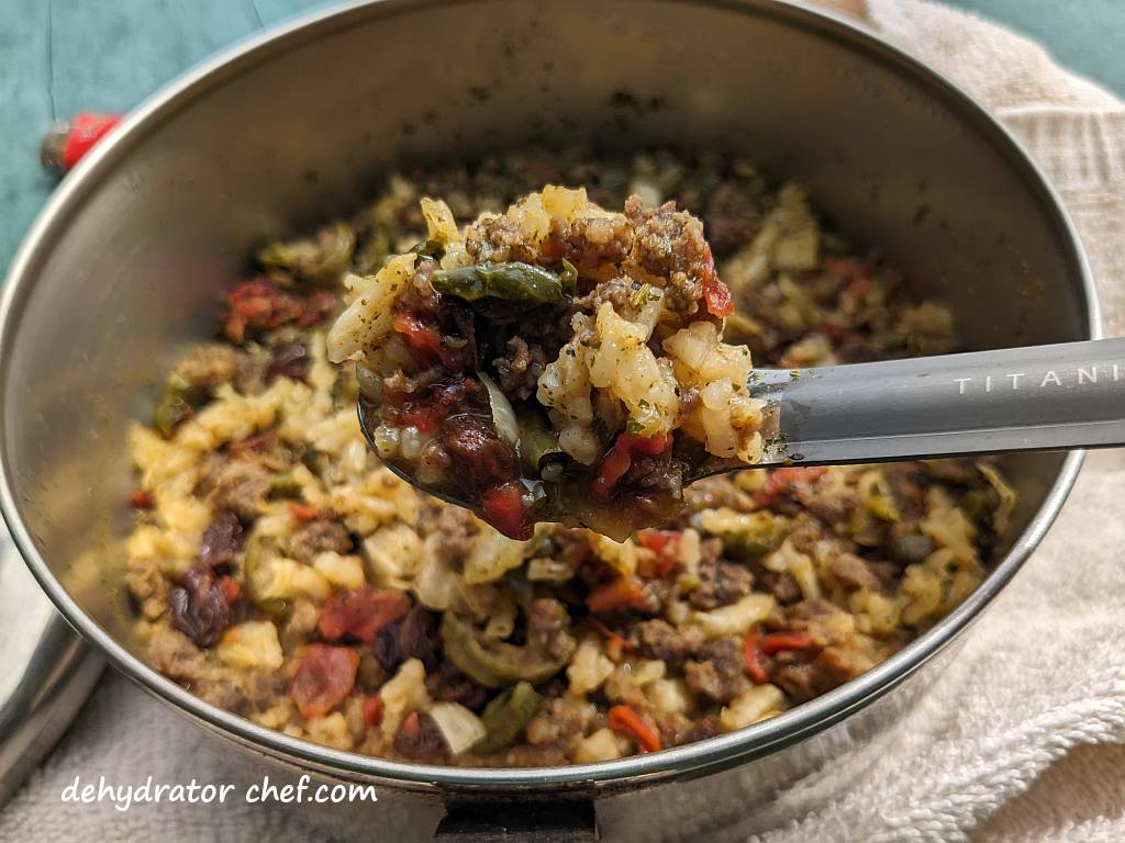 picadillo on a spoon | dehydrated picadillo | making dehydrated meals for camping | homemade dehydrated meal recipes | make your own dehydrated camping food | homemade dehydrated camping meals | homemade dehydrated backpacking meals