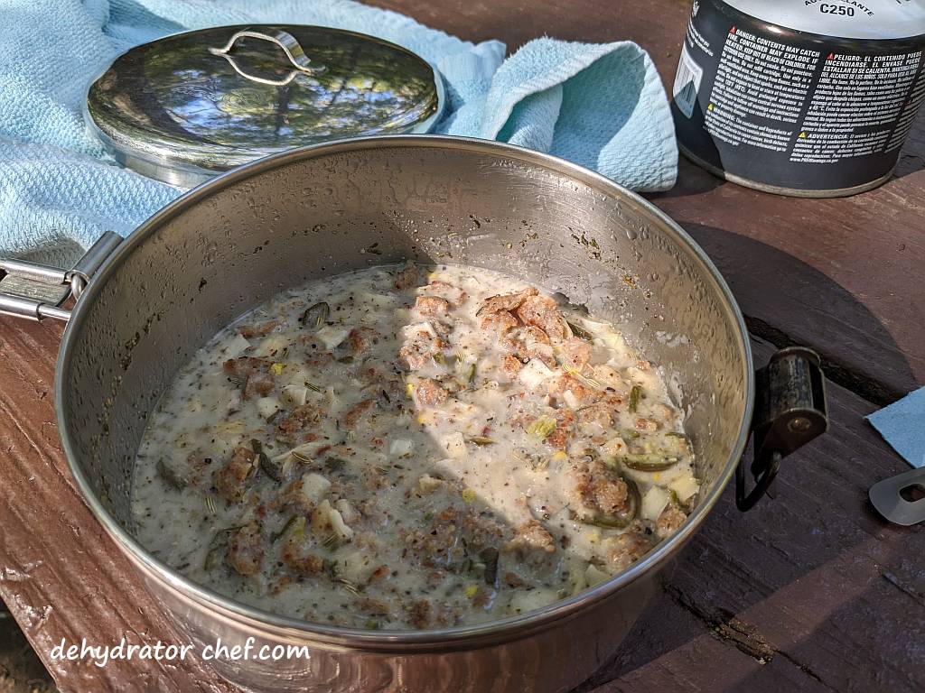 sausage gravy after resting 20 minutes | dehydrated sausage gravy in pita pocket bread | making dehydrated meals for camping | homemade dehydrated meal recipes | make your own dehydrated camping food | homemade dehydrated camping meals | homemade dehydrated backpacking meals