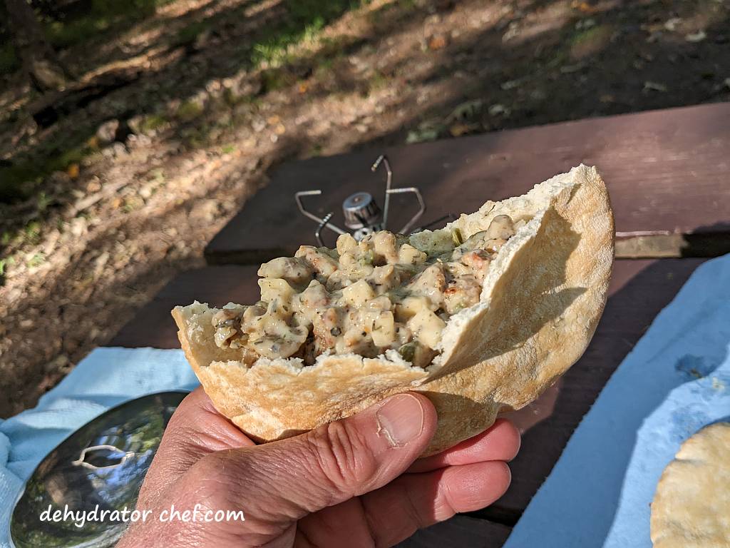 sausage gravy in a pita pocket bread | dehydrated sausage gravy in pita pocket bread | making dehydrated meals for camping | homemade dehydrated meal recipes | make your own dehydrated camping food | homemade dehydrated camping meals | homemade dehydrated backpacking meals