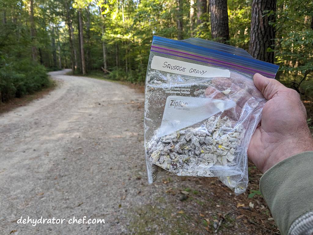 sausage gravy in pita pocket bread on the trail today | dehydrated sausage gravy in pita pocket bread | making dehydrated meals for camping | homemade dehydrated meal recipes | make your own dehydrated camping food | homemade dehydrated camping meals | homemade dehydrated backpacking meals