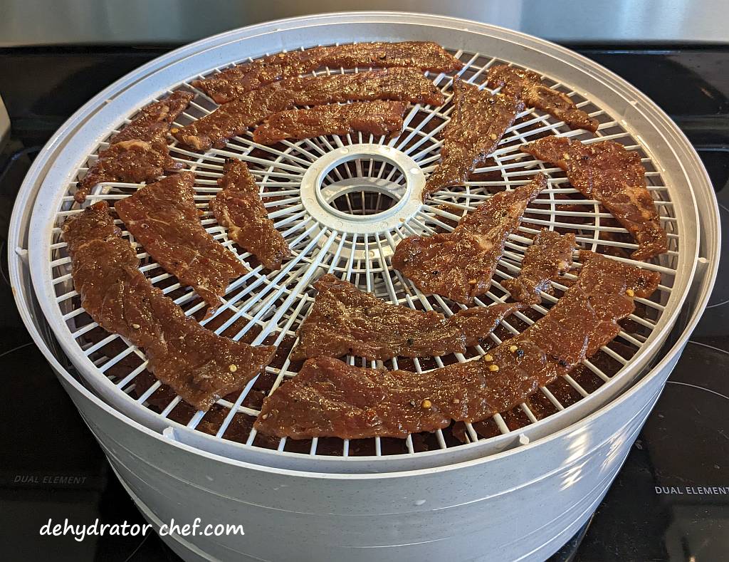 beef jerky on a food dehydrator tray | how to make beef jerky | best foods to dehydrate for long term storage | dehydrating food for long term storage | dehydrated food recipes for long term storage | dehydrating meals for long term storage | food dehydrator for long term storage