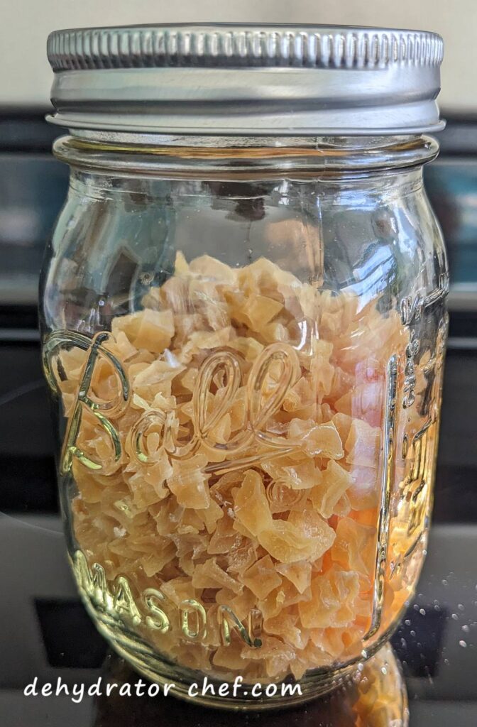 dehydrated diced potatoes equalizing in a canning jar | dehydrating potatoes | dehydrated diced potatoes | best foods to dehydrate for long term storage | dehydrating food for long term storage | dehydrated food recipes for long term storage | dehydrating meals for long term storage | food dehydrator for long term storage