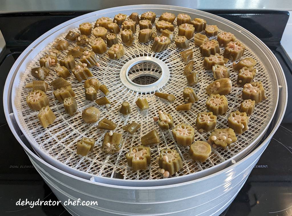 cut okra on dehydrator trays | dehydrated okra | dehydrating okra | how to dehydrate okra | best foods to dehydrate for long term storage | dehydrating food for long term storage | dehydrated food recipes for long term storage | dehydrating meals for long term storage | food dehydrator for long term storage