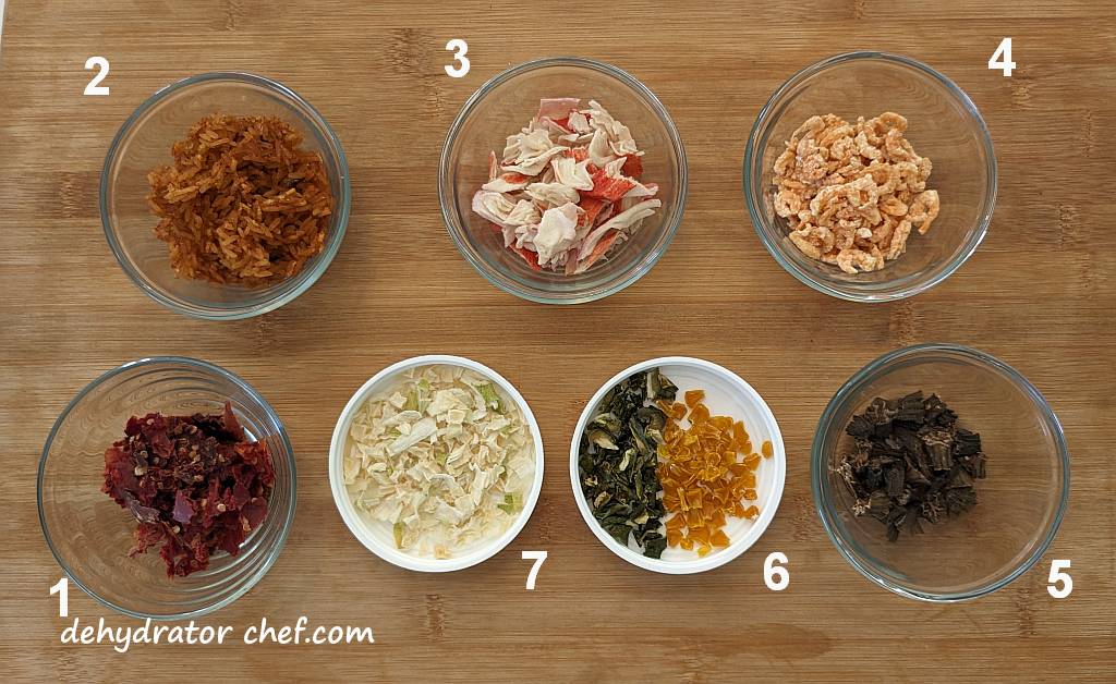 dehydrated seafood jambalaya ingredients shown on a cutting board | dehydrated seafood jambalaya recipe | best foods to dehydrate for long term storage | dehydrating food for long term storage | dehydrated food recipes for long term storage | dehydrating meals for long term storage | food dehydrator for long term storage