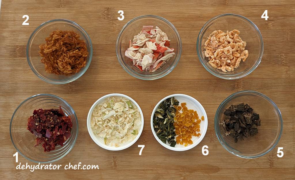 Dehydrated seafood jambalaya ingredients shown on a cutting board. | Dehydrated seafood jambalaya recipe. | The best foods to dehydrate for long term storage. | Dehydrating food for long term storage. | Dehydrated food recipes for long term storage. | Dehydrating meals for long term storage. | Using a food dehydrator for long term storage.