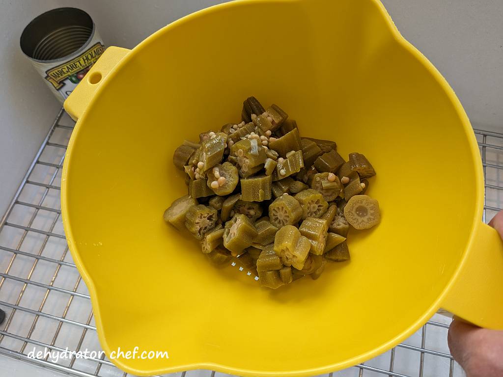 ready to rinse the canning liquid from the okra | dehydrated okra | dehydrating okra | how to dehydrate okra | best foods to dehydrate for long term storage | dehydrating food for long term storage | dehydrated food recipes for long term storage | dehydrating meals for long term storage | food dehydrator for long term storage