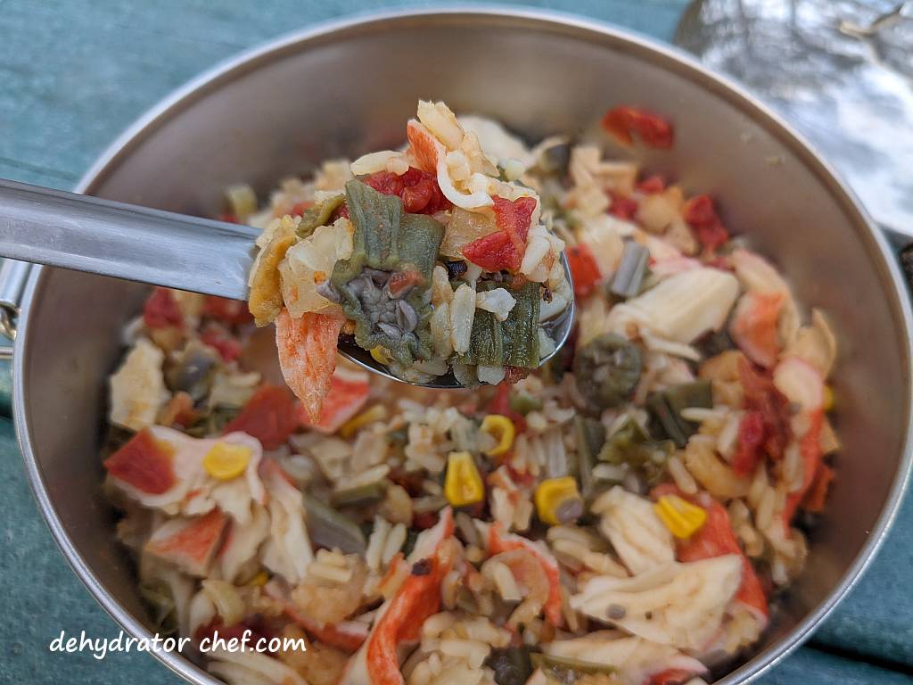 Shown is the seafood jambalaya meal that we let rest, steam, and rehydrate for 20 minutes. | Seafood jambalaya for dinner tonight. | Dehydrated seafood jambalaya recipe. | The best foods to dehydrate for long term storage. | Dehydrating food for long term storage. | Dehydrated food recipes for long term storage. | Dehydrating meals for long term storage. | Using a food dehydrator for long term storage.