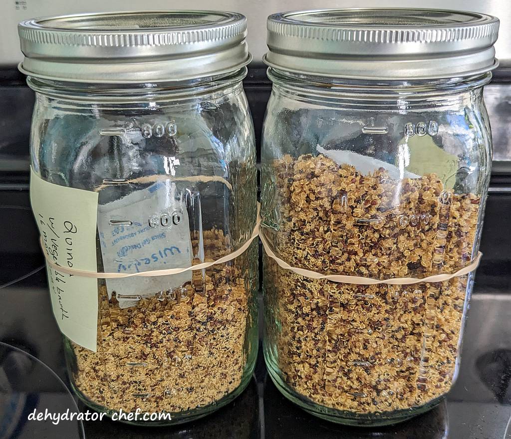 the dehydrated quinoa in quart-sized canning jars with desiccant packets for moisture control