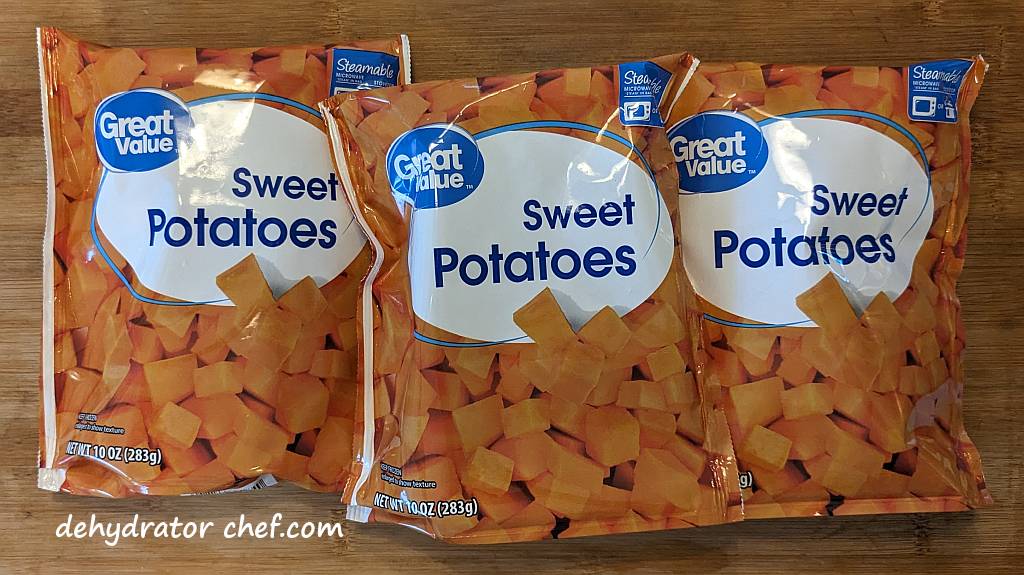 three bags of frozen sweet potatoes | dehydrating sweet potatoes | dehydrated sweet potatoes | how to dehydrate sweet potatoes | best foods to dehydrate for long term storage | dehydrating food for long term storage | dehydrated food recipes for long term storage | dehydrating meals for long term storage | food dehydrator for long term storage