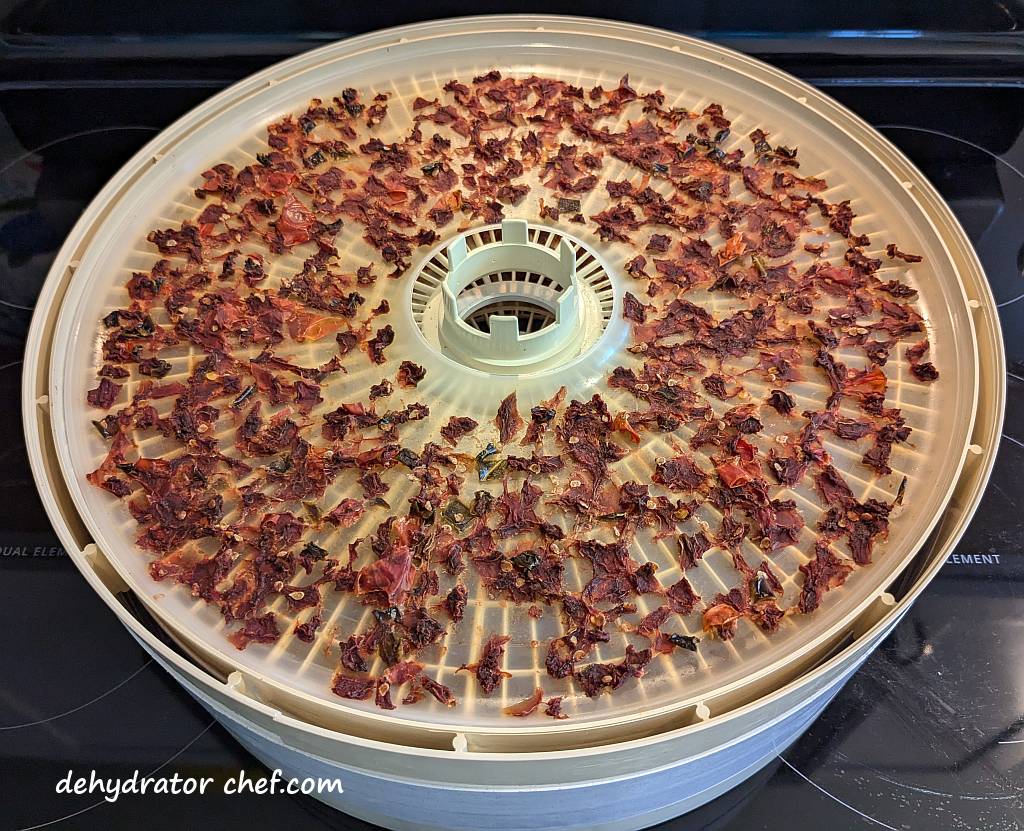 The dehydrated RoTel diced tomatoes and chili peppers are ready for the next steps of equalizing and conditioning in a clear canning jar with a tight-fitting lid. After that, we'll add them to our food pantry to make homemade dehydrated camping meals.