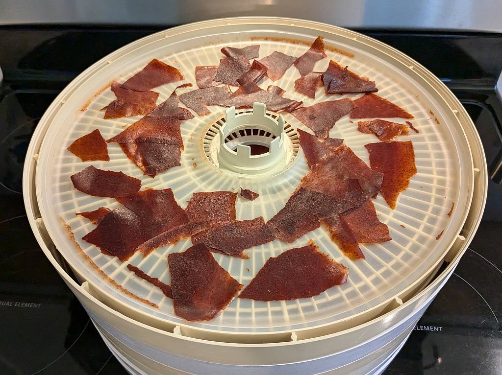 Fully dried enchilada sauce on a dehydrator tray.