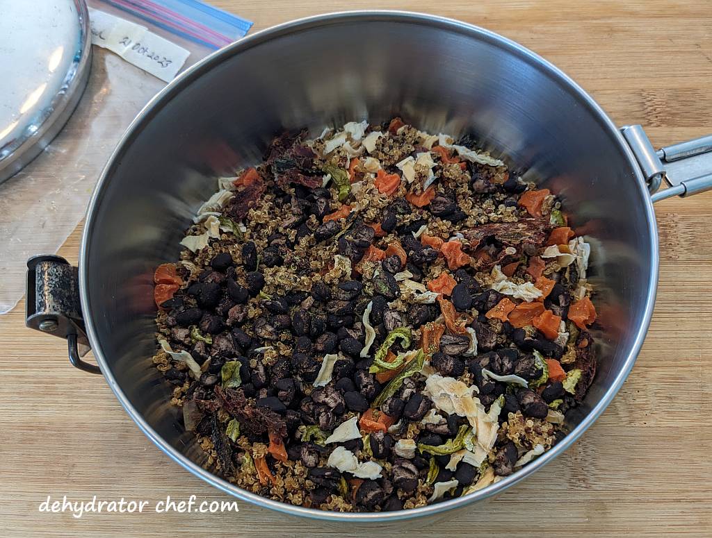 dehydrated sweet potato black bean quinoa dry mix ingredients in our MSR Stowaway 1.1 liter cooking pot