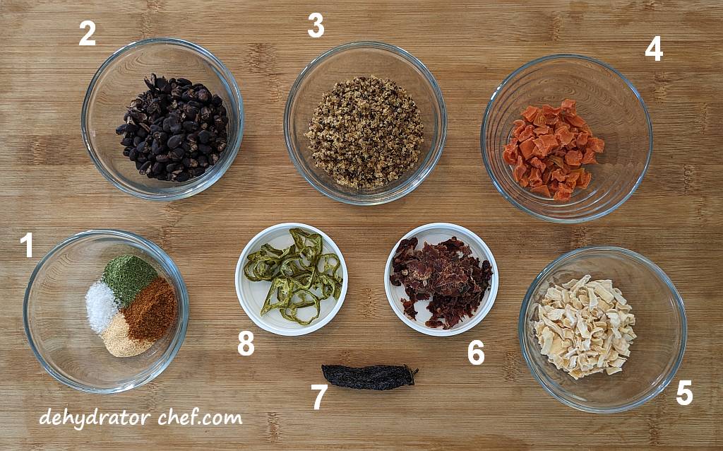 the dry mix ingredients for the dehydrated sweet potato black bean quinoa bowl