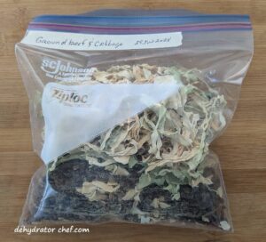 homemade dehydrated ground beef and cabbage meal in a 1-quart zip-top bag