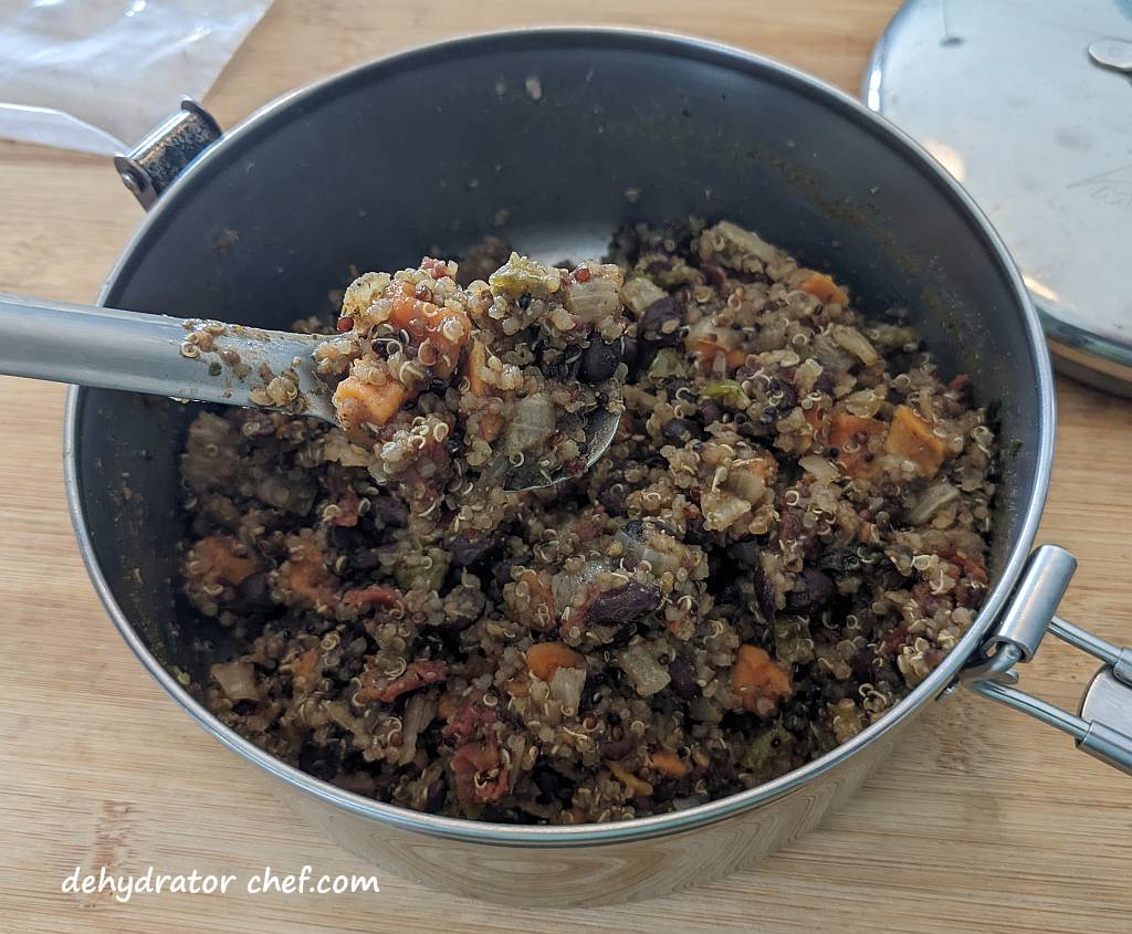 dehydrated sweet potato black bean quinoa bowl is ready to eat in only 30 minutes